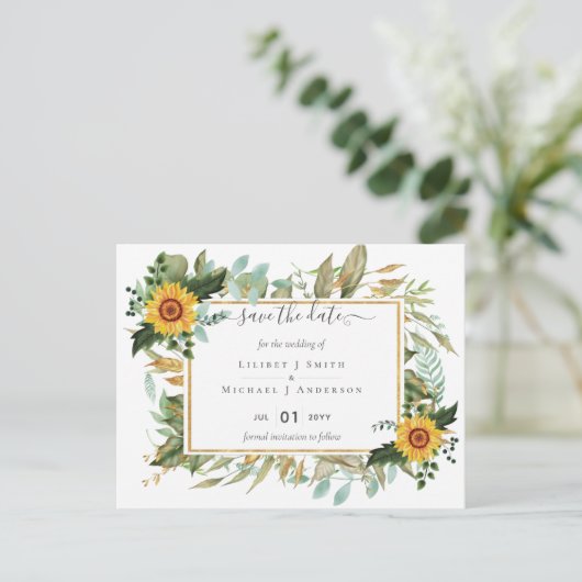 Boho Sunflower Sage Greenery Wedding Briefkaart (Staand voorkant)