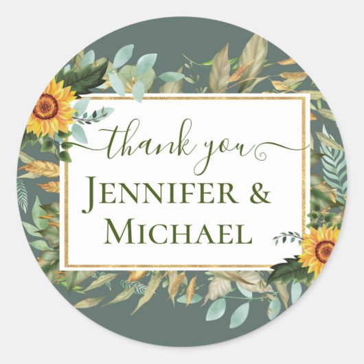Boho Sunflower Sage Greenery Wedding Ronde Sticker (Voorkant)