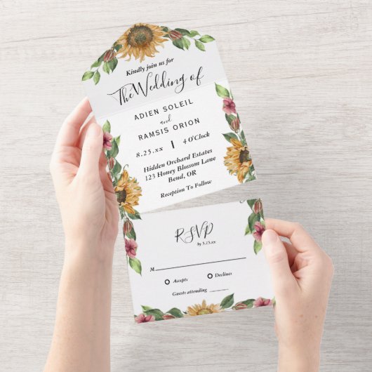 Boho Sunflower Simple RSVP Wedding All In One Uitnodiging (Afscheurbaar)