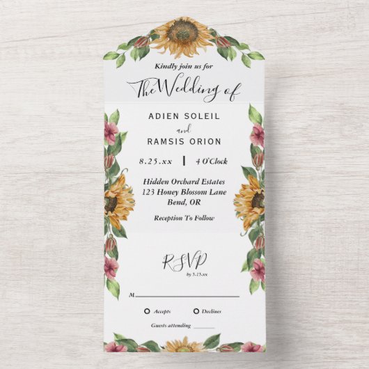 Boho Sunflower Simple RSVP Wedding All In One Uitnodiging (Binnen)
