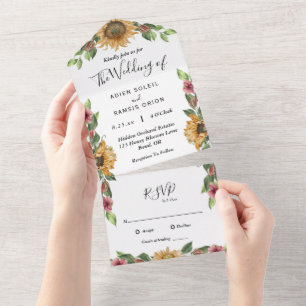 Boho Sunflower Simple RSVP Wedding All In One Uitnodiging