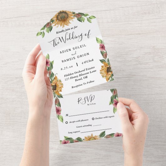 Boho Sunflower Song Request RSVP Wedding All In One Uitnodiging (Afscheurbaar)