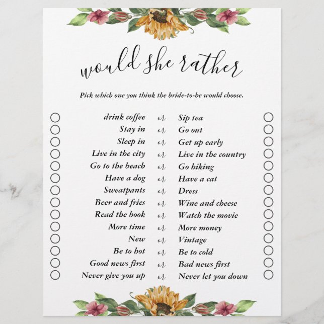 Boho Sunflower Two Sided Bingo Vrijgezellenfeest G (Voorkant)