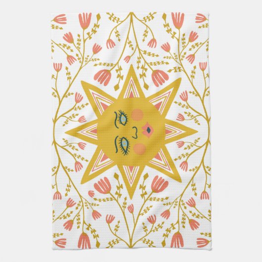 Boho Suns & Flowering Vines Roze Geel Theedoek (Verticaal)