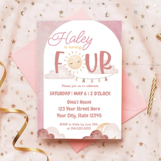 Boho Sunshine 4e Verjaardagsfeestje Waterverf Kaart