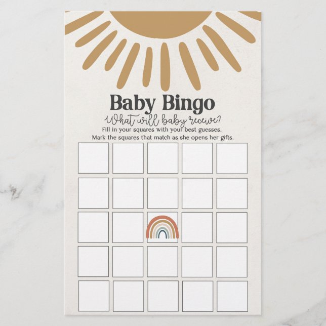 Boho Sunshine baby Bingo, baby shower spel (Voorkant)