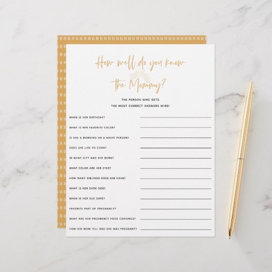 Boho Sunshine Baby shower Game (Voorkant / Achterkant in situ)