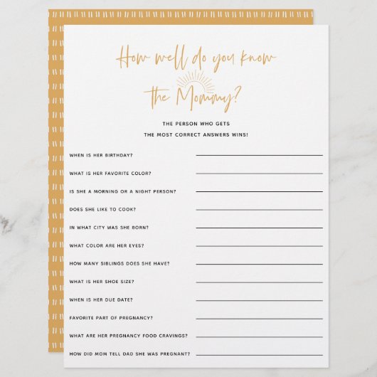 Boho Sunshine Baby shower Game (Voorkant / Achterkant)