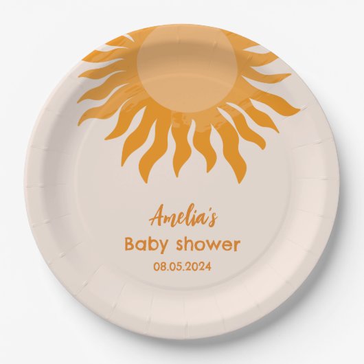 Boho Sunshine Baby shower Yellow Sun Papieren Bordje (Voorkant)