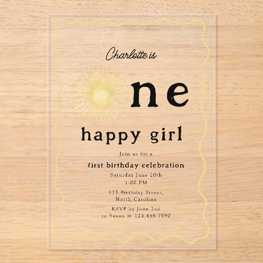 Boho Sunshine Eerste Verjaardag Een Gelukkig Meisj Acryl Uitnodigingen (Voorkant)