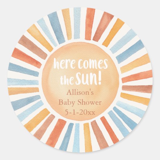 Boho sunshine Hier komt het Sun baby shower Ronde Sticker (Voorkant)