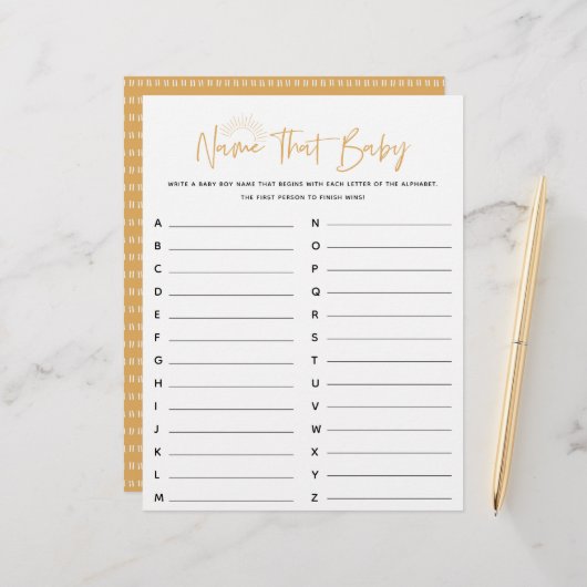 Boho Sunshine Name Dat Baby shower Game (Voorkant / Achterkant in situ)