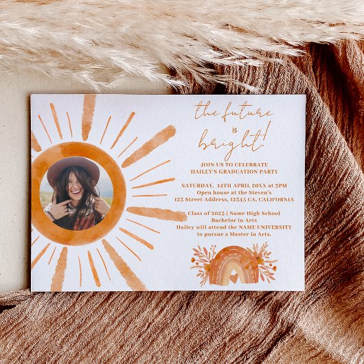 Boho sunshine rainbow oranje foto afstuderen kaart