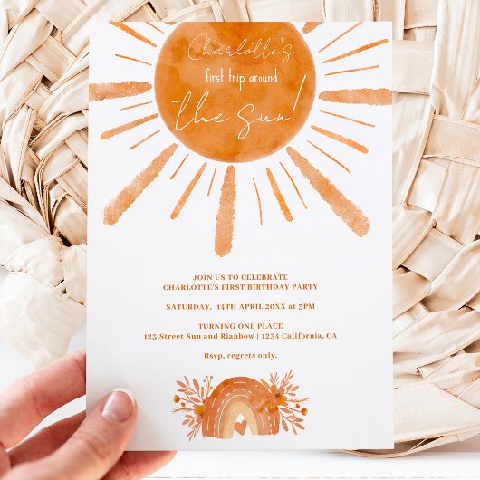 Boho sunshine rainbow sinaasappel 1e verjaardag kaart