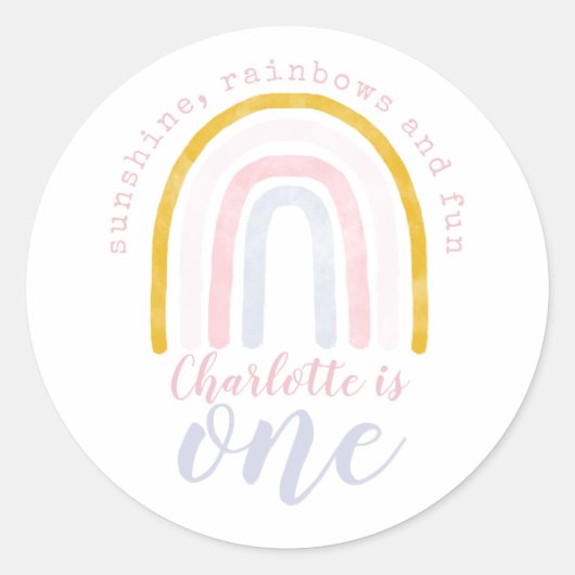 Boho Sunshine, regenbogen en Fun First Birthday Ronde Sticker (Voorkant)