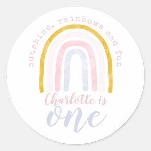 Boho Sunshine, regenbogen en Fun First Birthday Ronde Sticker