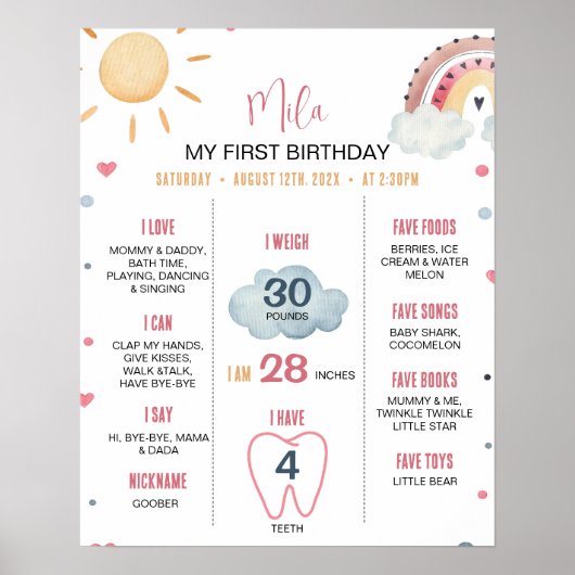 Boho Sunshine Regenboog Verjaardag Milestone Poste Poster (Voorkant)