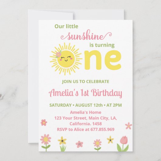 Boho Sunshine Wildflower 1e verjaardag uitnodiging (Voorkant)