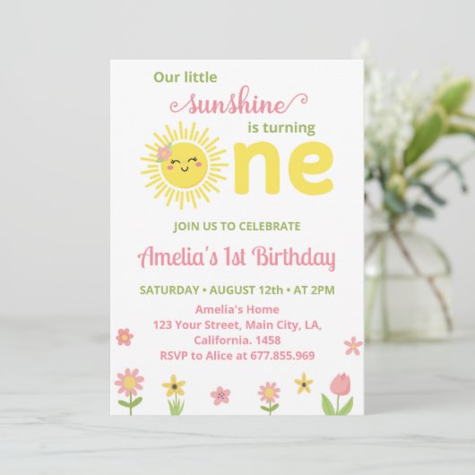 Boho Sunshine Wildflower 1e verjaardag uitnodiging (Staand voorkant)