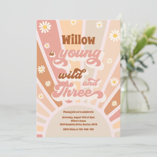 Boho Sunshine Young Wild and Three Birthday Party Kaart (Staand voorkant)