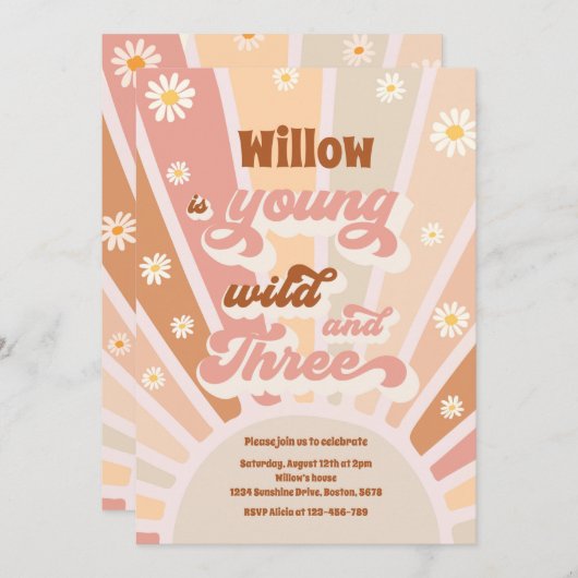 Boho Sunshine Young Wild and Three Birthday Party Kaart (Voorkant / Achterkant)