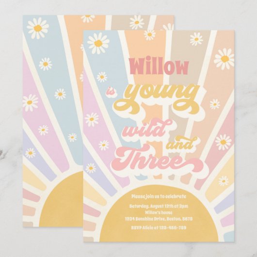 Boho Sunshine Young Wild and Three Birthday Party Kaart (Voorkant / Achterkant)
