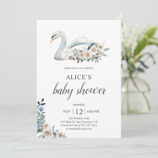 Boho Swan Dusty Blue Beige Flowers Baby shower Kaart (Staand voorkant)