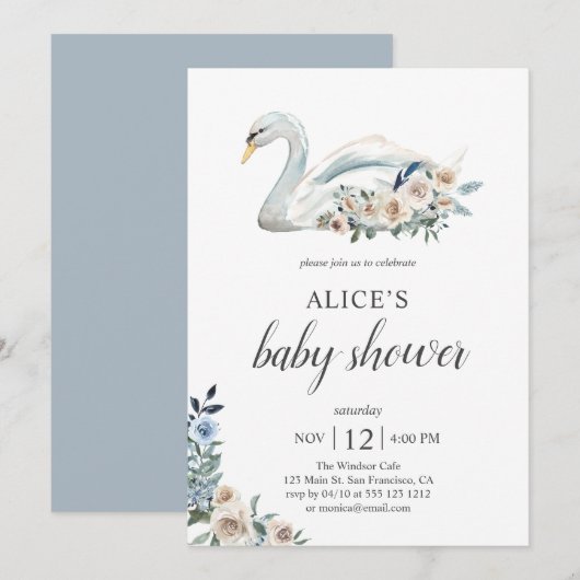 Boho Swan Dusty Blue Beige Flowers Baby shower Kaart (Voorkant / Achterkant)