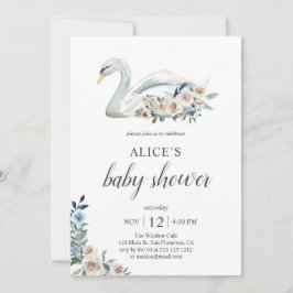 Boho Swan Dusty Blue Beige Flowers Baby shower Kaart