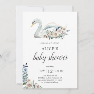 Boho Swan Dusty Blue Beige Flowers Baby shower Kaart