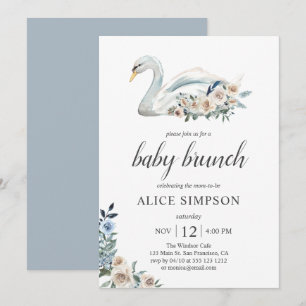 Boho Swan Dusty Blue Beige Flowers Baby shower Kaart