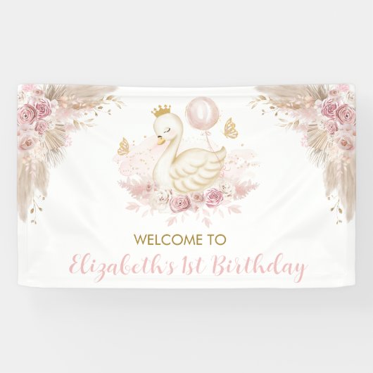 Boho Swan Princess Blush Pink Floral Welcome Spandoek (Horizontaal)