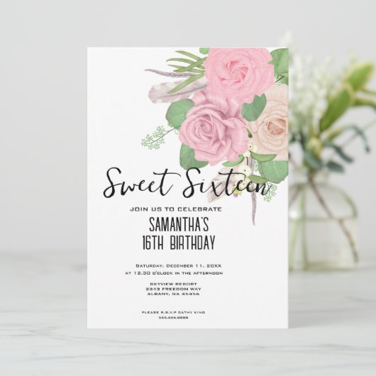 Boho Sweet 16 Invite - Roze Waterverf Bloemen Kaart (Staand voorkant)