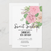 Boho Sweet 16 Invite - Roze Waterverf Bloemen Kaart (Voorkant / Achterkant)