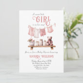 Boho Sweet Girl Pink Clothesline Baby shower Kaart (Staand voorkant)