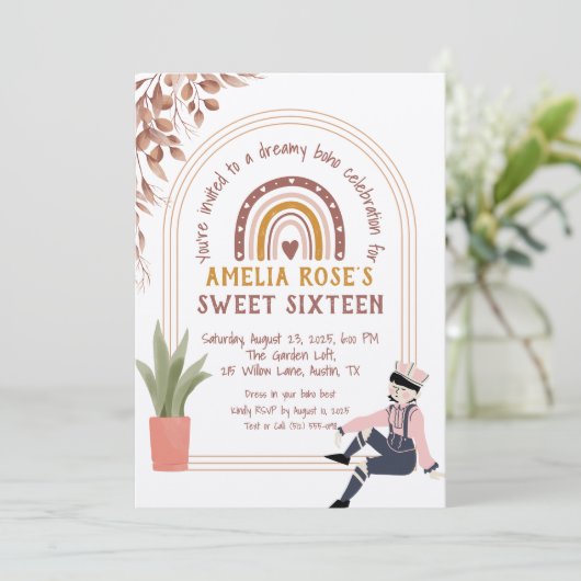 Boho Sweet Sixteen met regenboog en rustieke bloem Kaart (Staand voorkant)