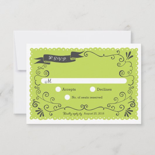 Boho Swirls, Curls, a Banner & Lovebird Wedding RSVP Kaartje (Voorkant)