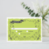 Boho Swirls, Curls, a Banner & Lovebird Wedding RSVP Kaartje (Staand voorkant)