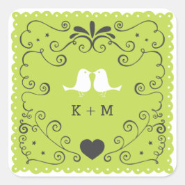Boho Swirls, Curls, a Banner & Lovebird Wedding Vierkante Sticker