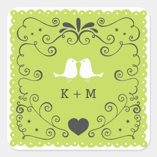 Boho Swirls, Curls, a Banner & Lovebird Wedding Vierkante Sticker (Voorkant)