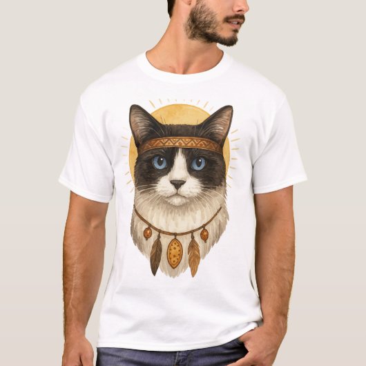 Boho T-shirt met grafische afbeelding van kat met (Voorkant)