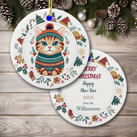 Boho Tabby Kat in Winter Sweater Kerstmis Keramisch Ornament