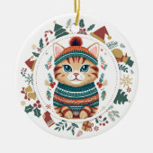 Boho Tabby Kat in Winter Sweater Kerstmis Keramisch Ornament (Voorkant)