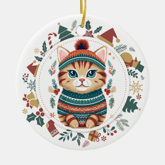 Boho Tabby Kat in Winter Sweater Kerstmis Keramisch Ornament (Voorkant)