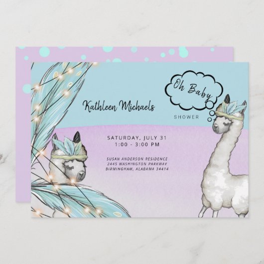 Boho Talking Llama Pink Turquoise Oh Baby shower Kaart (Voorkant / Achterkant)