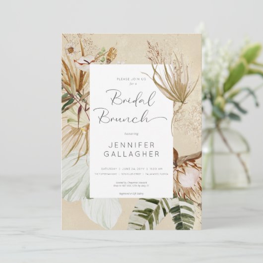 Boho Tan Bloemengras Bridal Brunch Kaart (Staand voorkant)