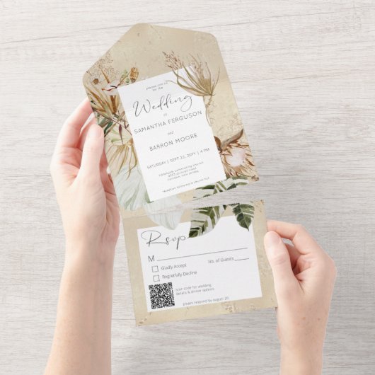 Boho Tan Bloemengras QR-code All In One Uitnodiging (Afscheurbaar)