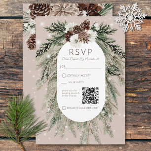 Boho Tan Pine Winter Sparkle QR Code RSVP Kaartje