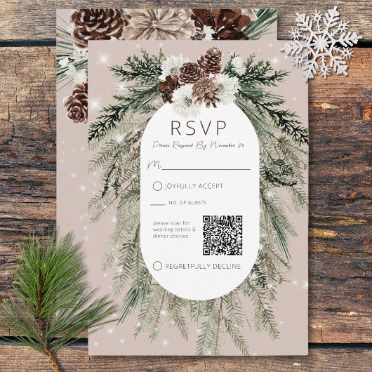 Boho Tan Pine Winter Sparkle QR Code RSVP Kaartje
