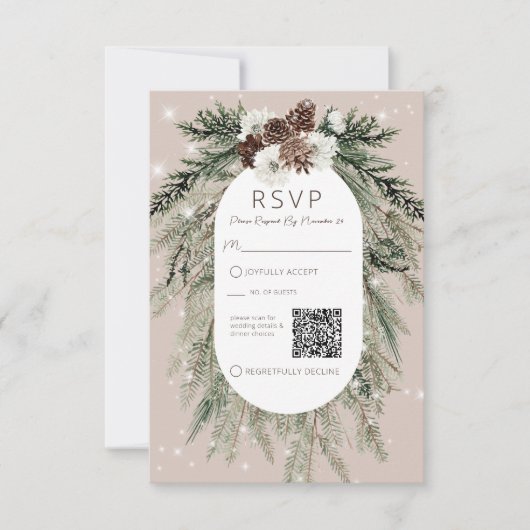 Boho Tan Pine Winter Sparkle QR Code RSVP Kaartje (Voorkant)